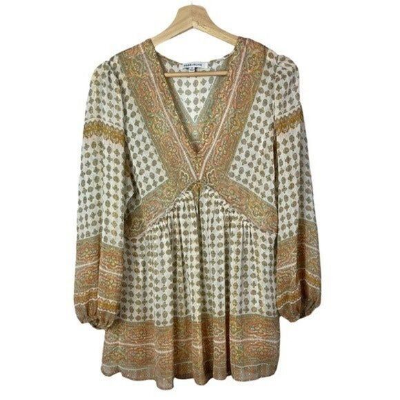 Boutique Rose + Olive Pink & Green Sheer Boho Peasant Long Sleeve Blouse M - Picture 1 of 5
